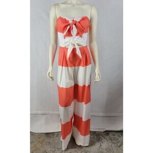 Must Haf Womens Jumpsuit Size M Orange White Striped Strapless Bow Front NEW